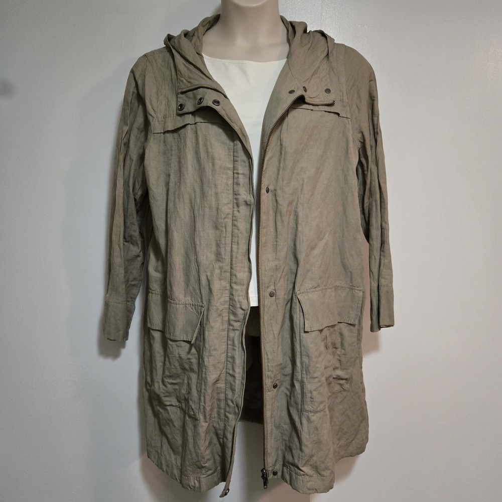 Eileen Fisher XL Beige Organic Cotton Blend Hooded Utility Zip Jacket Coat
